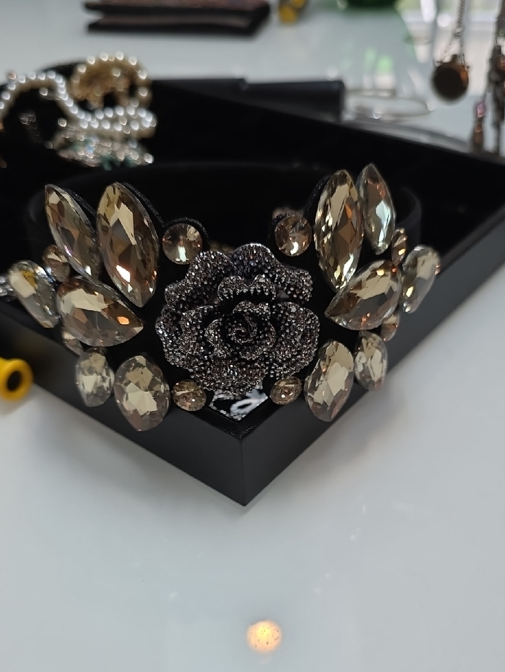 Black Velvet Headband with Champagne Crystal Rose
